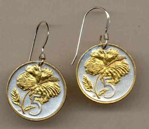 Gorgeous 2-Toned  Gold on Silver Cook Islands Hibiscus    Coin Earrings