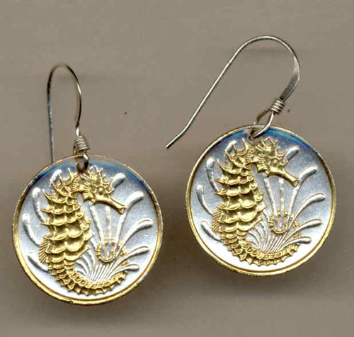 Gorgeous 2-Toned  Gold on Silver Singapore Seahorse  Coin Earrings