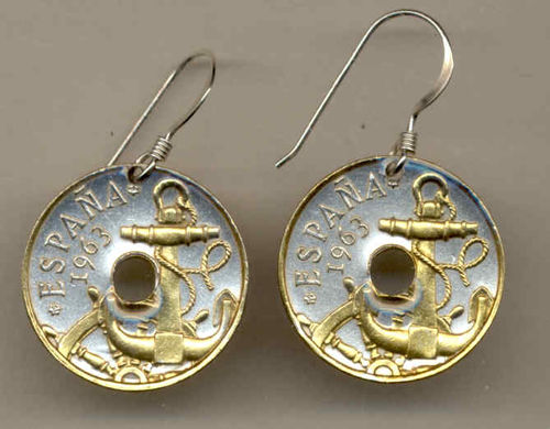 Gorgeous 2-Toned  Gold on Silver  Spanish   Anchor & Ships wheel  Coin Earrings