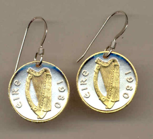 Gorgeous 2-Toned Gold on Silver Irish dime size Harp,  Coin Earrings