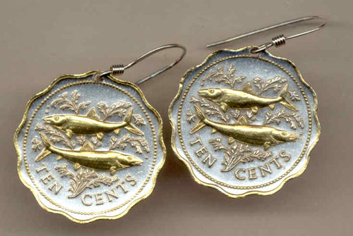 Gorgeous 2-Toned  Gold on Silver Bahamas  Bonefish  Coin Earrings