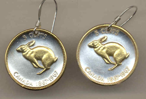 Gorgeous 2-Toned  Gold on Silver Canadian  Rabbit Coin Earrings