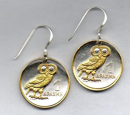 Gorgeous 2-Toned   Gold on Silver Greek  Owl  Coin Earrings