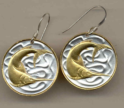 Gorgeous 2-Toned    Gold on Silver Singapore Swordfish  Coin Earrings