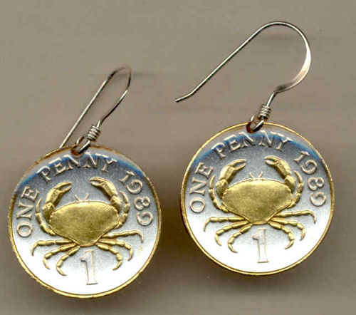 Gorgeous 2-Toned    Gold on Silver Guernsey    Crab  Coin Earrings