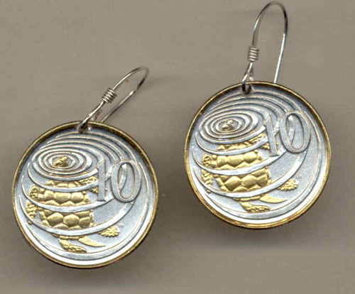 Gorgeous 2-Toned   Gold on Silver  Cayman Is. Turtle  Coin Earrings