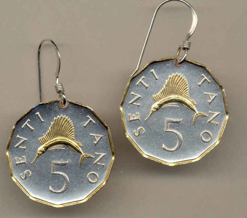 Gorgeous 2-Toned   Gold on Silver  Tanzania  Swordfish  Coin Earrings