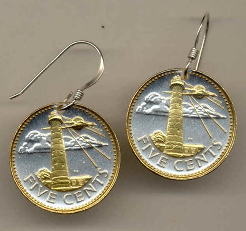 Gorgeous 2-Toned  Gold on Silver Barbados   Light house   Coin Earrings