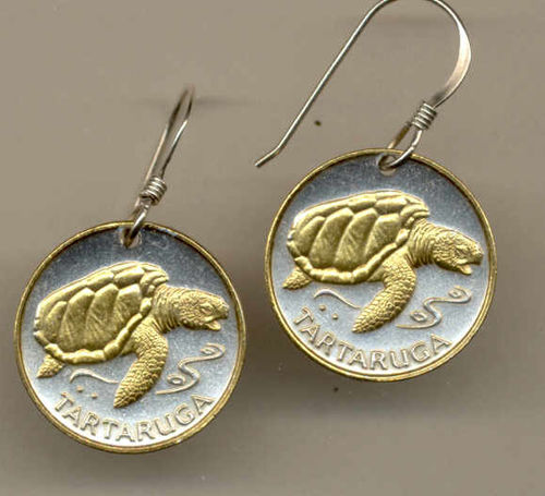 Gorgeous 2-Toned   Gold on Silver  Cape Verde   Sea Turtle  Coin Earrings