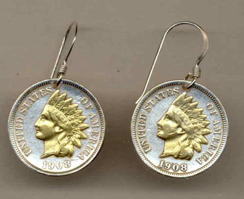2-Toned Gold on Silver Old U.S. Indian penny Earrings