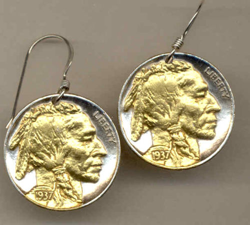 2-Toned Gold on Silver Old U.S. Indian nickel  Earrings