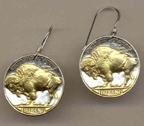 2-Toned Gold on Silver Old U.S. Buffalo nickel  Earrings
