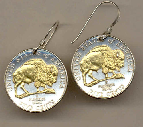 2-Toned Gold on Silver  U.S. Bison nickel  Earrings