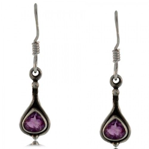 Amethyst Dangle Earrings Silver Antiqued Bezel Hooks