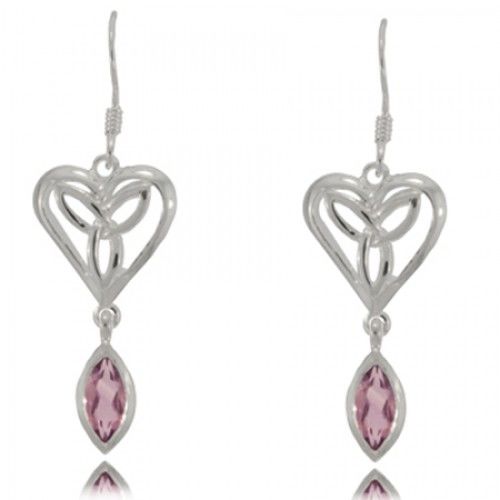 Amethyst Celtic Knot Heart Dangle Earrings Silver Hooks