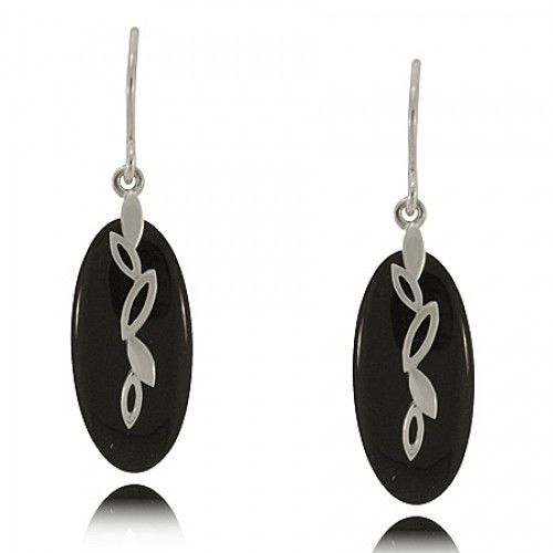Black Onyx Earrings Sterling Silver Dangles Ladies Leaf