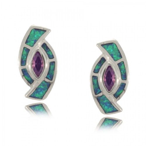 Opal Amethyst Earrings Sterling Silver Marquise Studs