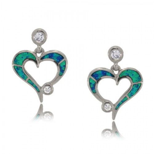 Opal Dangle Earrings Heart Shaped Sterling Silver Drops