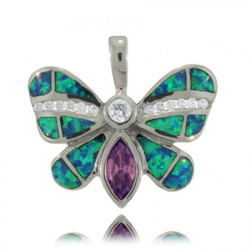 Butterfly Opal Pendant W/ Purple & Clear Cubic Zirconia