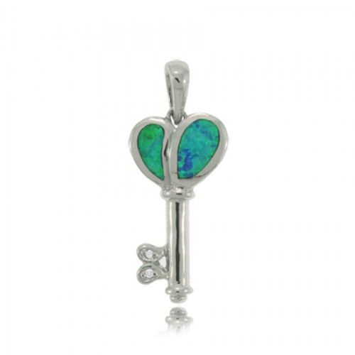 Key Pendant W/ Opal Sterling Silver Heart Shape Ladies