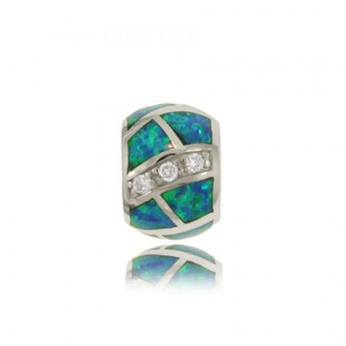 Created Opal Cz Silver Barrel Bead Inlaid Created Opal