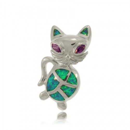 Opal Kitty Cat Pendant Sterling Silver Slide Ladies New
