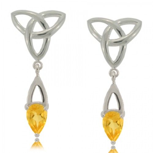 Celtic Trinity Knot Citrine Dangle Earrings Pear Hooks