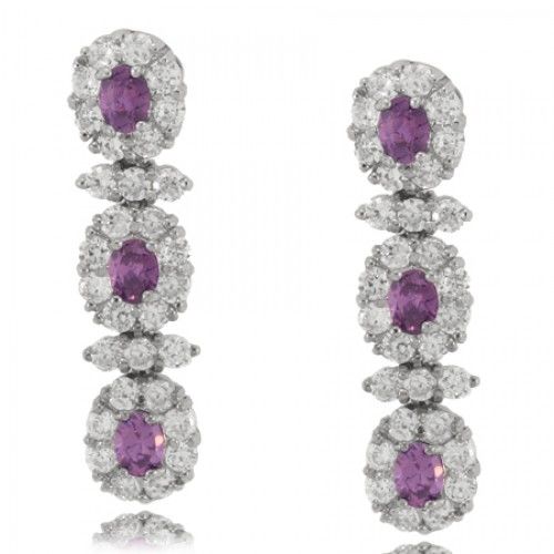 Flower 3 Stone Drop Earrings Silver W/ Purple White Cz