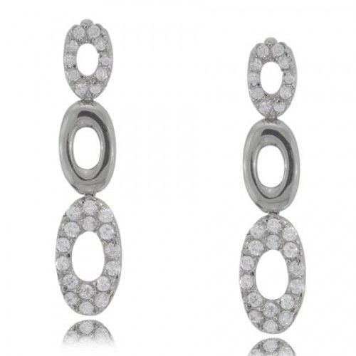 Silver Drop Earrings Ladies Oval Dangles W/ Cz New