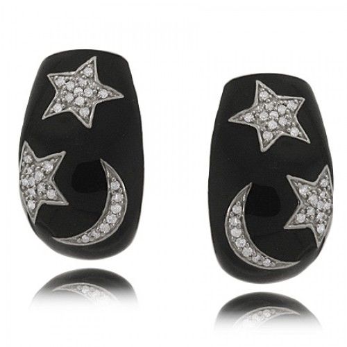 Diamond Earrings Sterling Silver Moon & Star - Enamel