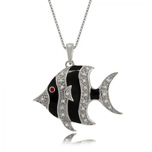 Diamond Pendant Sterling Silver W/ Enamel - Angelfish
