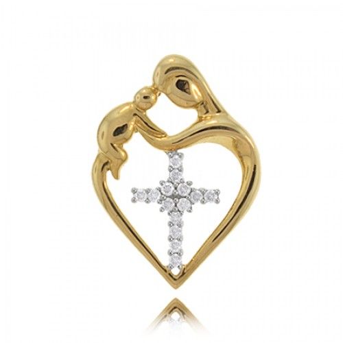 Mother & Child Heart Pendant W/ Diamond Cross - Gold