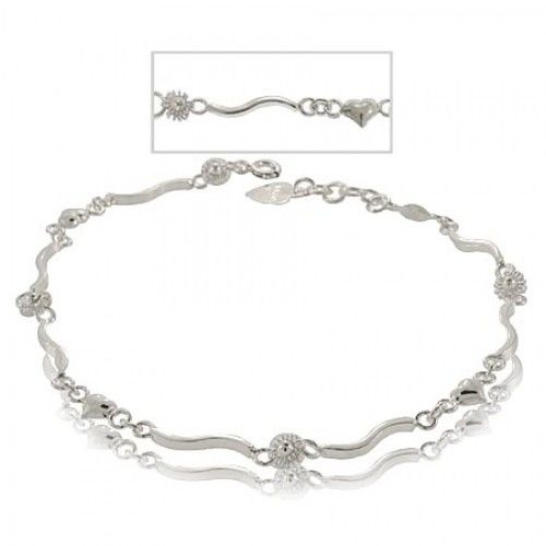 Sterling Silver Anklet Hearts Flowers Patterned Design