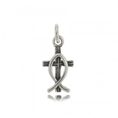 Sterling Silver Cross Pendant W/ Christian Fish - Small