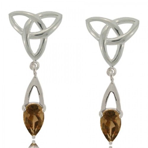 Celtic Trinity Knot Smokey Topaz Drop Earrings Silver