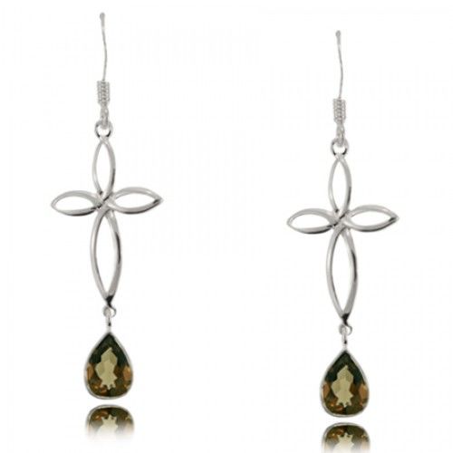 Cross Smokey Quartz Earrings Silver Ladies Dangles