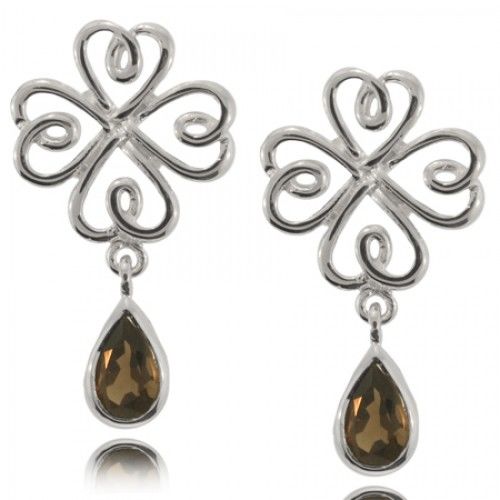 Smokey Quartz Dangle Earrings Sterling Silver Shamrocks