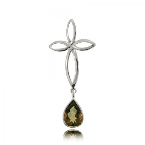 Cross Pendant W/ Smokey Quartz Dangle Silver Ladies New