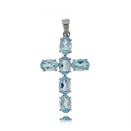 Cross Pendant Blue Topaz in Sterling Silver - Oval Cut