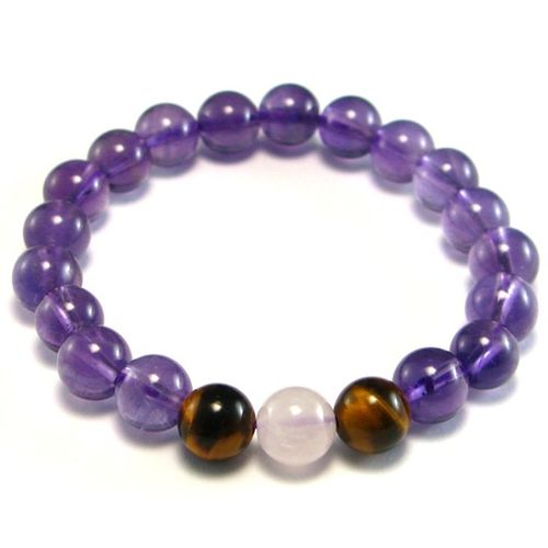 Natural Purple Rose Agate Amethyst Quartz Tiger Eye Bracelet - 8 mm diameter
