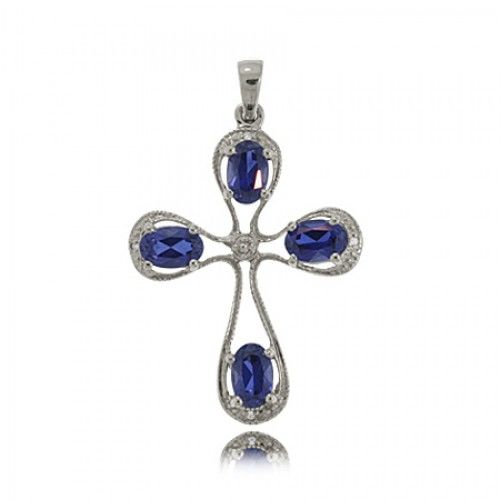 Cross Pendant in Sterling Silver - Sapphire & Diamond