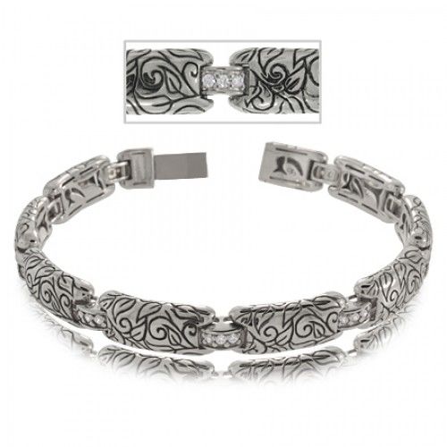 Sterling Silver Bracelet - Leaf Carved Links & White Cz