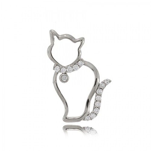 Cat Pendant in 10k White Gold - Diamond Tail & Collar