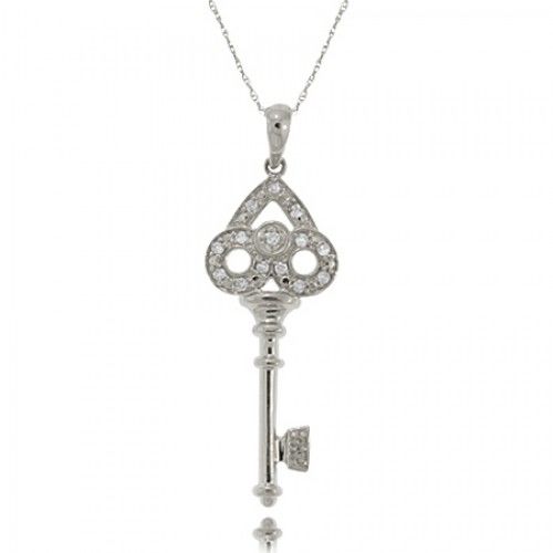 Key Pendant with Diamond Scroll Handle in White Gold