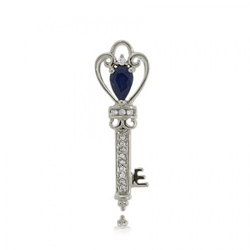 Key Pendant W/ Sapphires & Diamonds in 10k White Gold