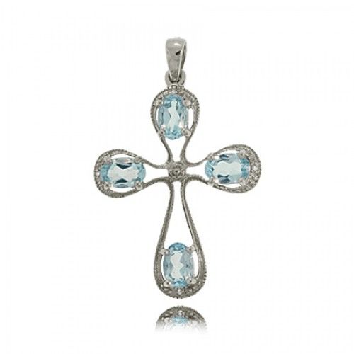 Blue Topaz Cross Pendant W/ Diamonds in Sterling Silver