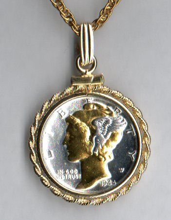 Gorgeous  2-Toned  Gold on Silver Old  U.S. Mercury dime - Necklace