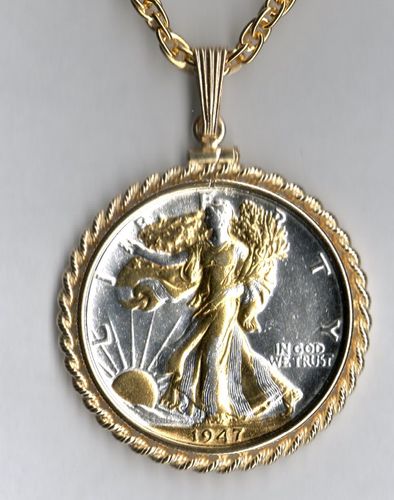 Gorgeous 2-Toned Gold on Silver Old U.S. Walking Liberty half dollar Necklace