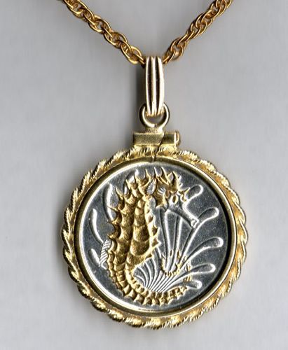 Gorgeous 2-Toned  Gold and Silver Singapore Seahorse  Coin  - Necklaces