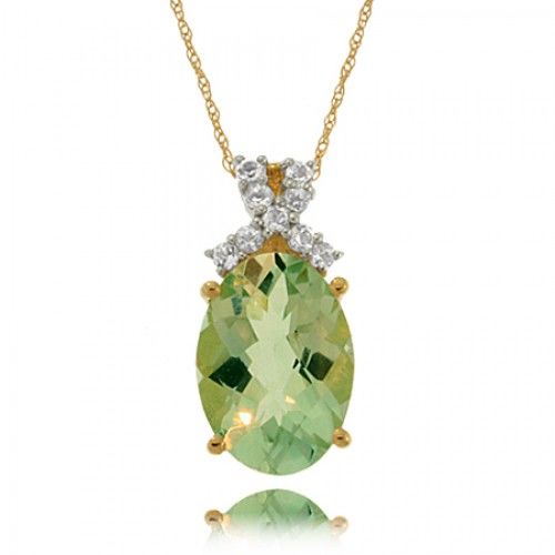 Green Amethyst Pendant in 10k Gold Oval Cut W/ Topaz